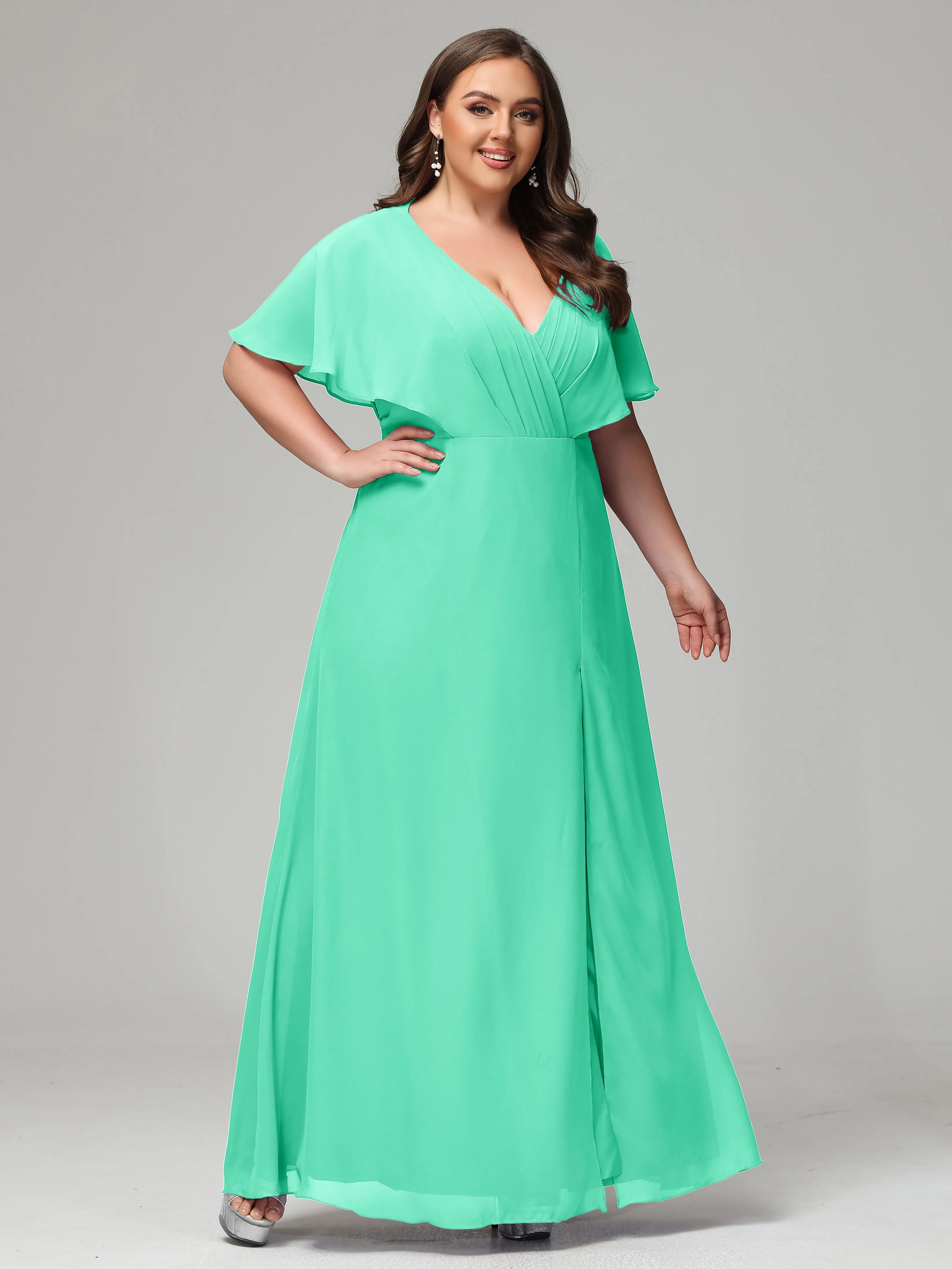 Short Sleeves Chiffon Split Long Plus Bridesmaid Dresses