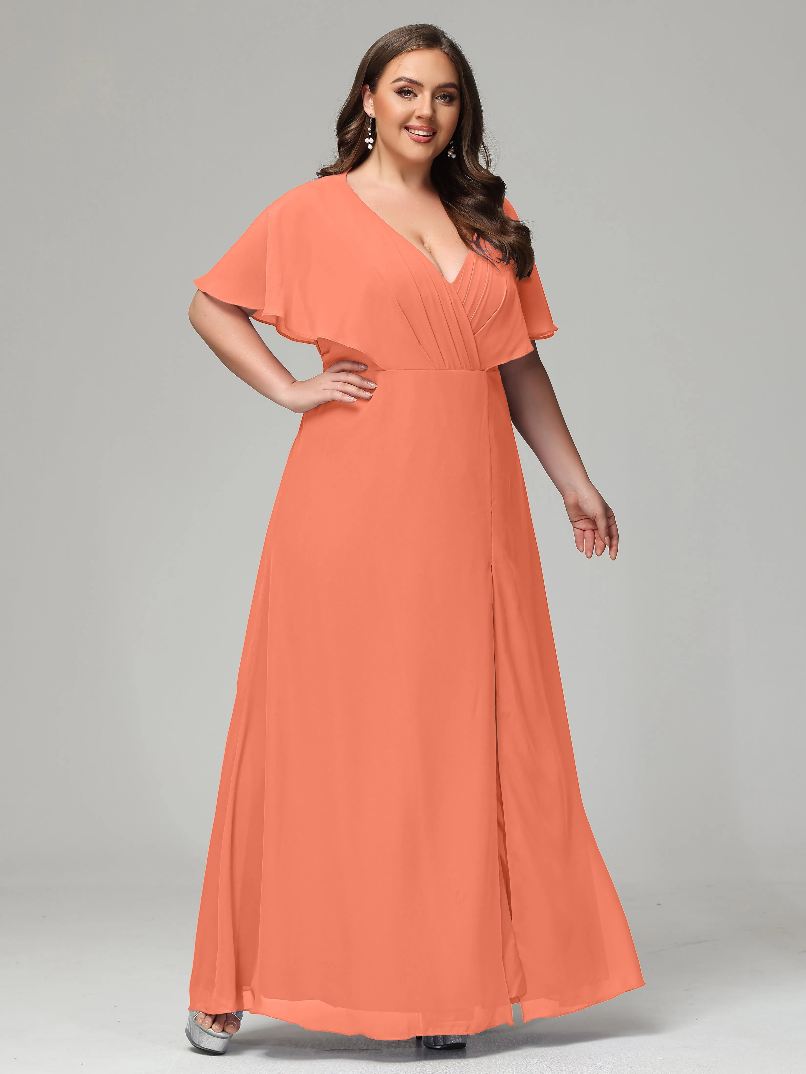 Short Sleeves Chiffon Split Long Plus Bridesmaid Dresses