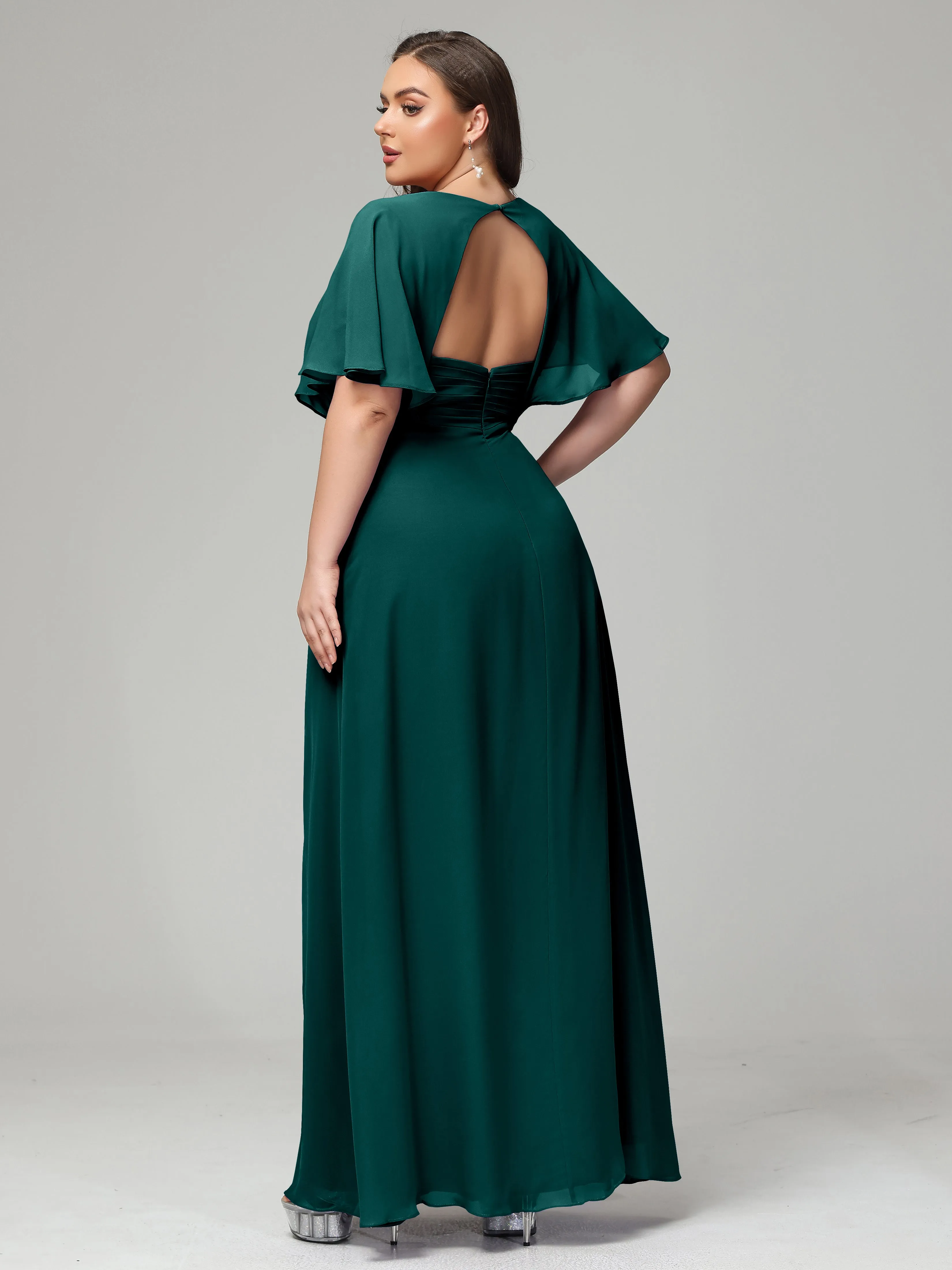Short Sleeves Chiffon Split Long Plus Bridesmaid Dresses