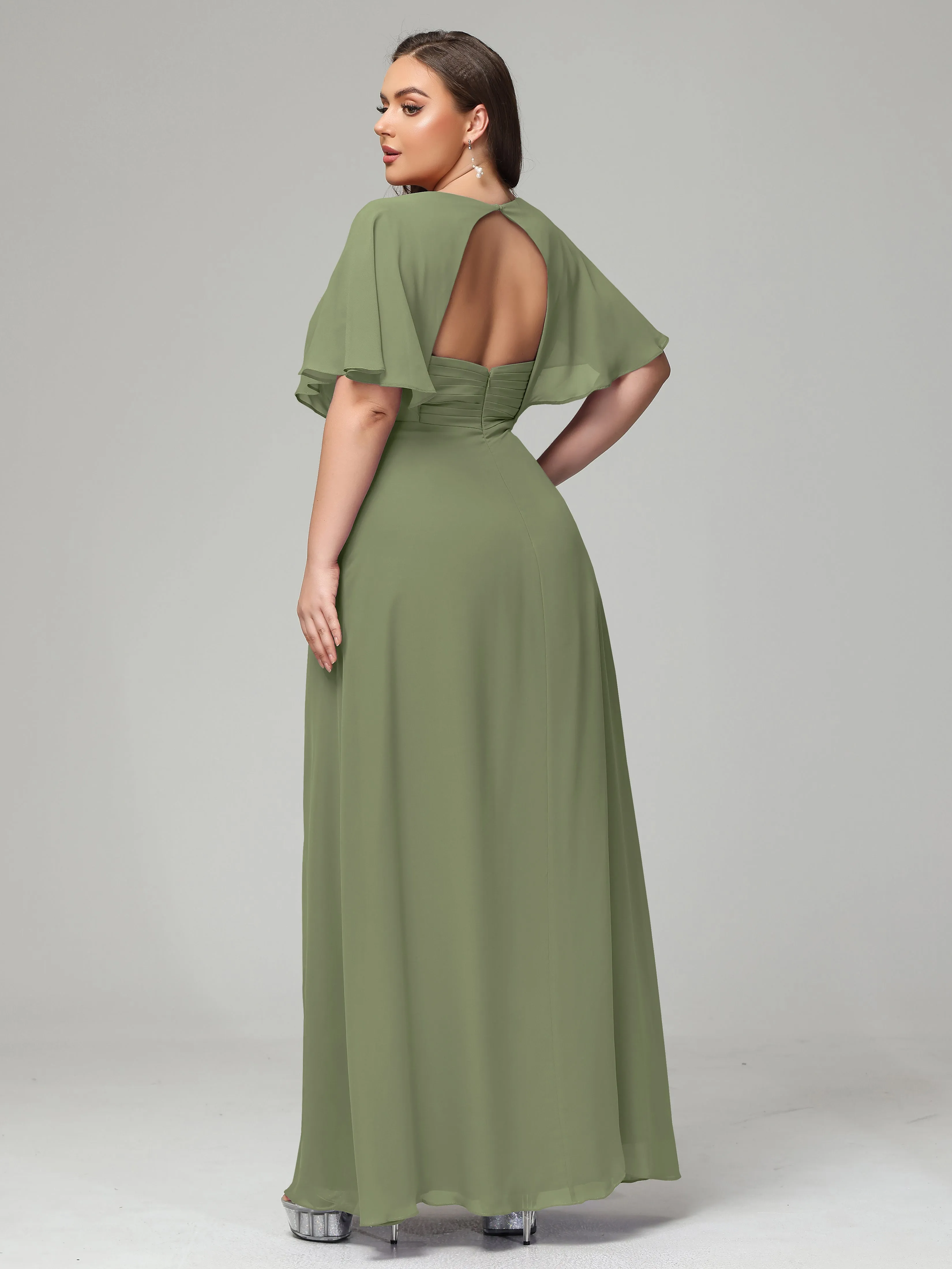 Short Sleeves Chiffon Split Long Plus Bridesmaid Dresses