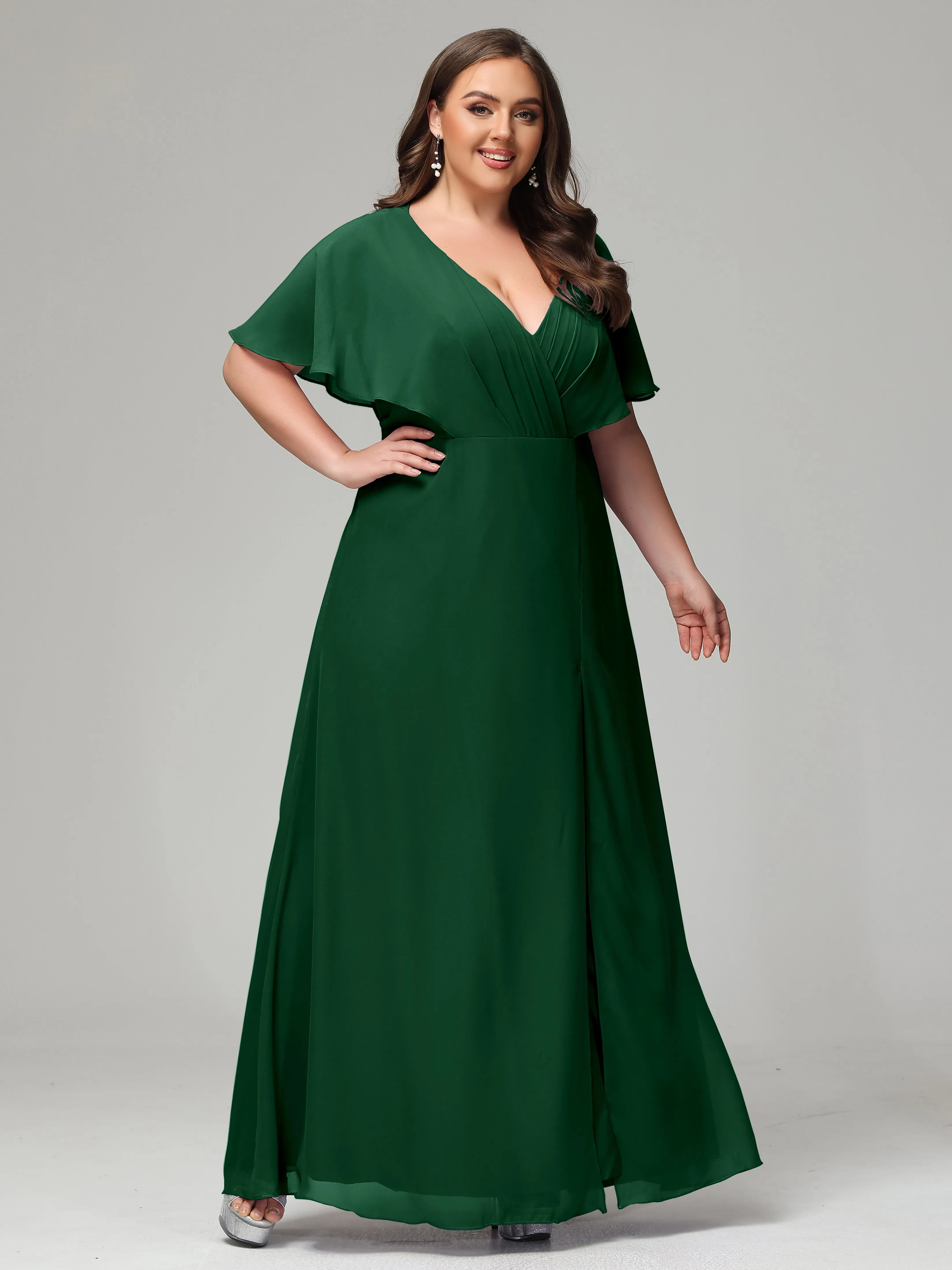 Short Sleeves Chiffon Split Long Plus Bridesmaid Dresses