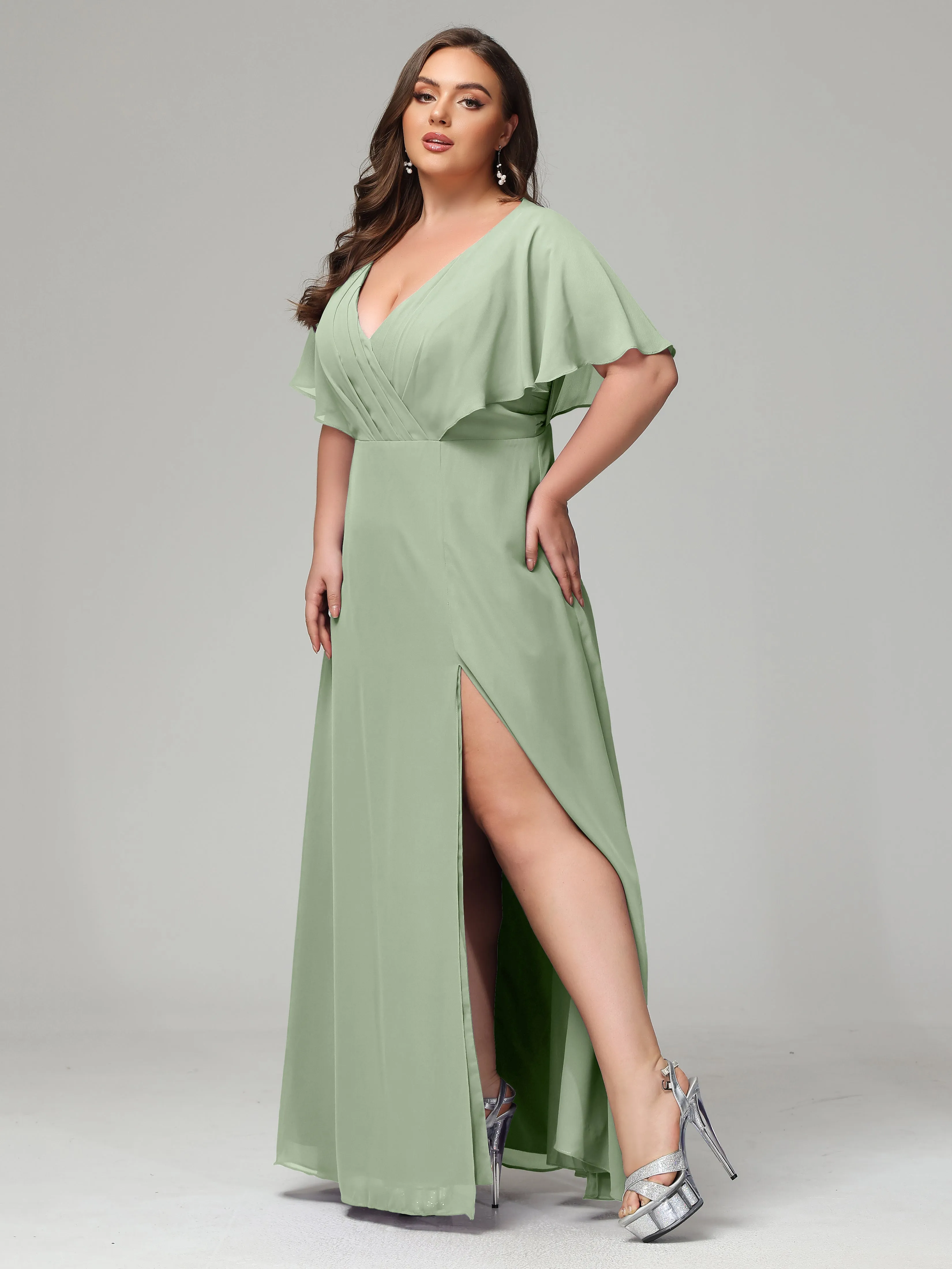 Short Sleeves Chiffon Split Long Plus Bridesmaid Dresses