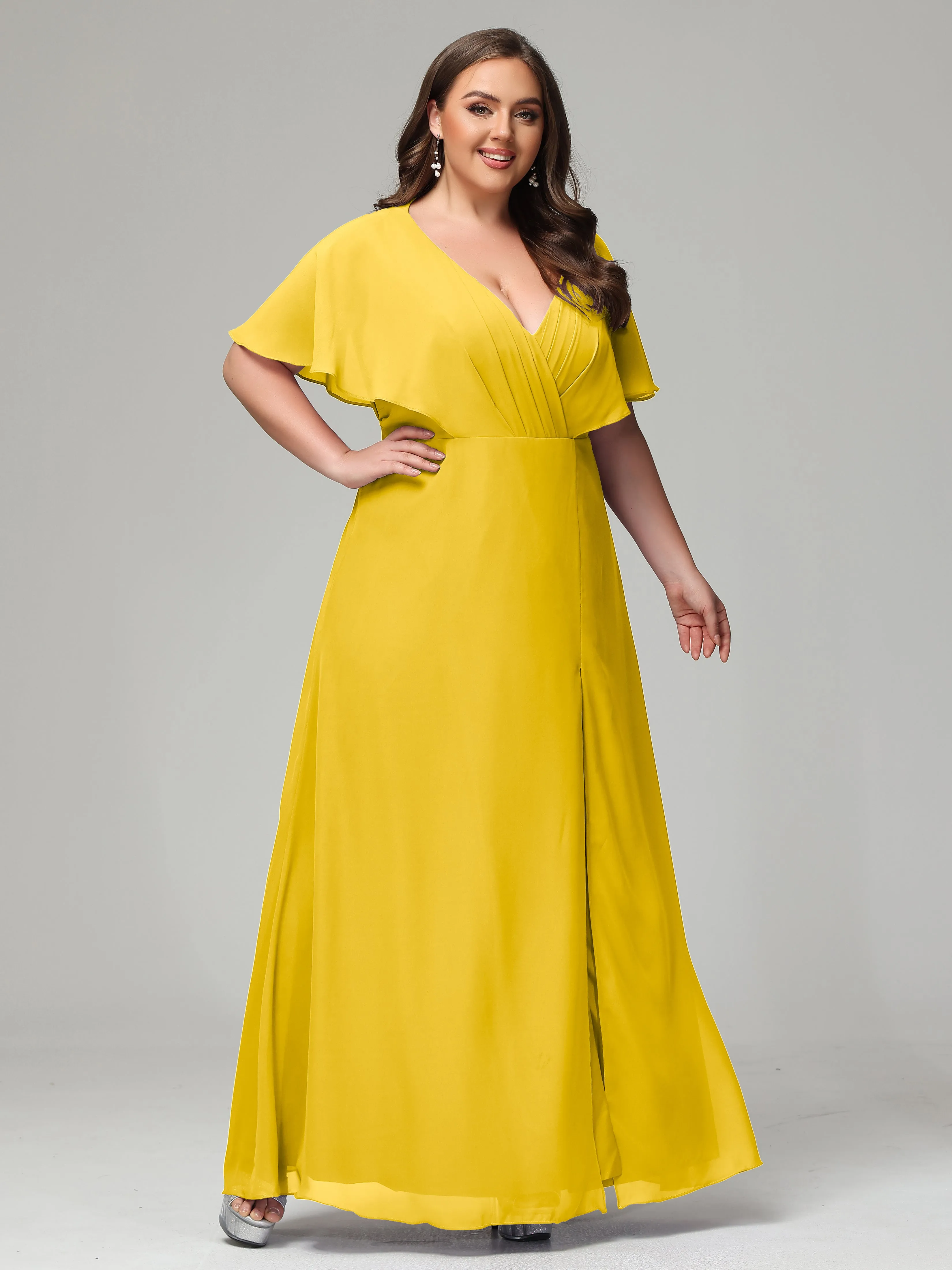 Short Sleeves Chiffon Split Long Plus Bridesmaid Dresses