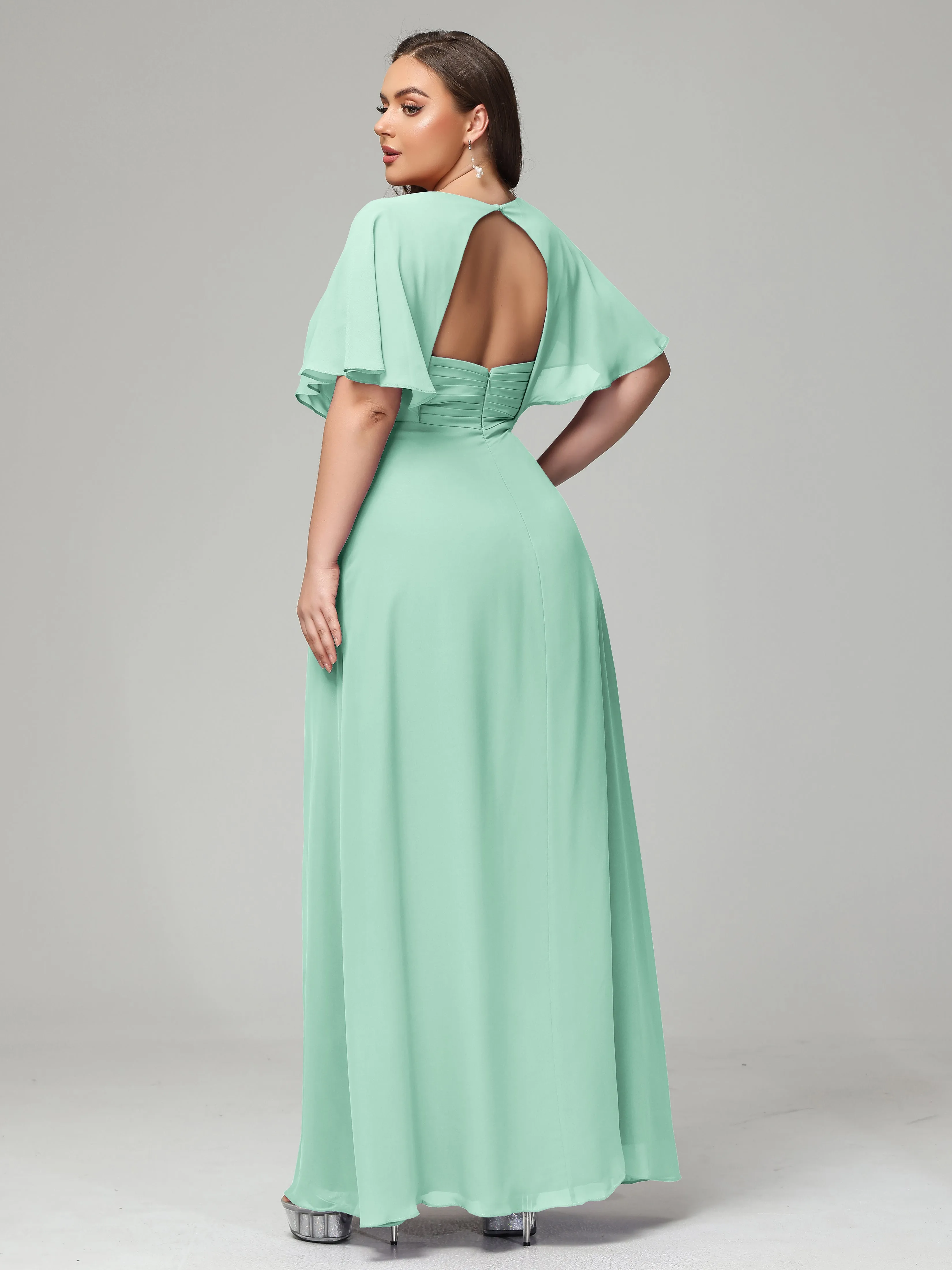 Short Sleeves Chiffon Split Long Plus Bridesmaid Dresses