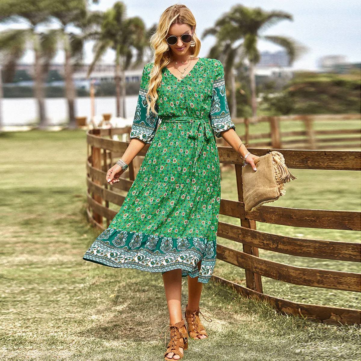 Side Slit Balloon Sleeve Floral V-Neck Bohemian Dress Wholesale Dresses