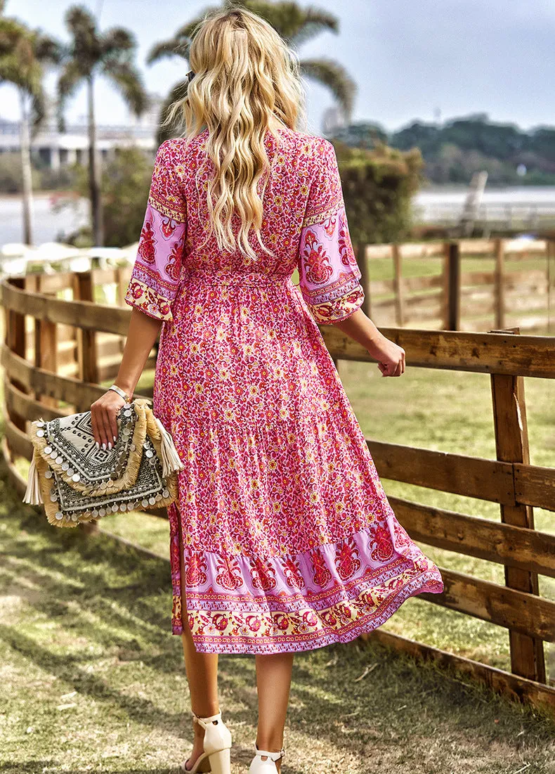 Side Slit Balloon Sleeve Floral V-Neck Bohemian Dress Wholesale Dresses
