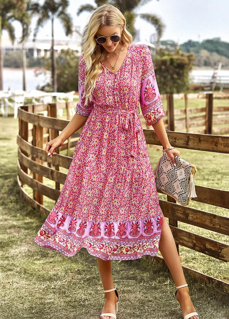 Side Slit Balloon Sleeve Floral V-Neck Bohemian Dress Wholesale Dresses