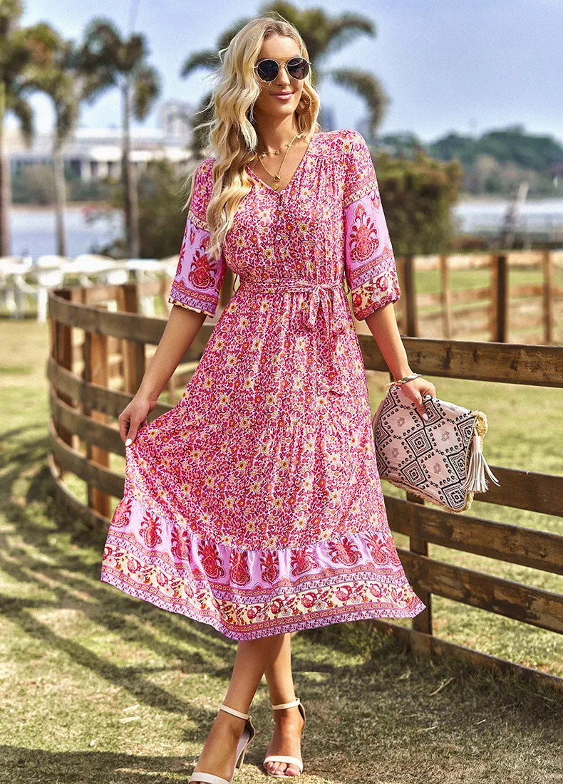 Side Slit Balloon Sleeve Floral V-Neck Bohemian Dress Wholesale Dresses