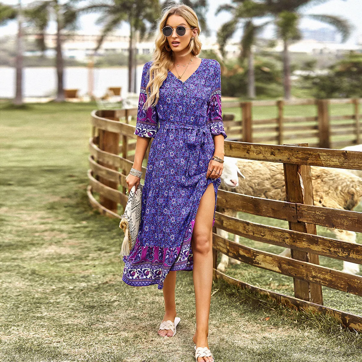 Side Slit Balloon Sleeve Floral V-Neck Bohemian Dress Wholesale Dresses