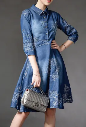Slim-fit Embroidered Denim Mini Dress (Plus size)