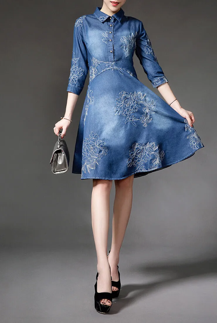 Slim-fit Embroidered Denim Mini Dress (Plus size)