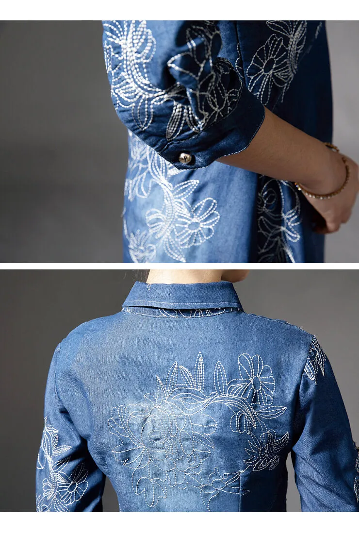 Slim-fit Embroidered Denim Mini Dress (Plus size)