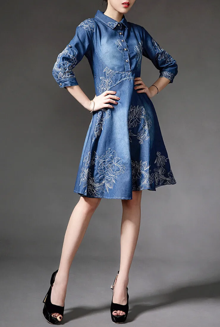 Slim-fit Embroidered Denim Mini Dress (Plus size)
