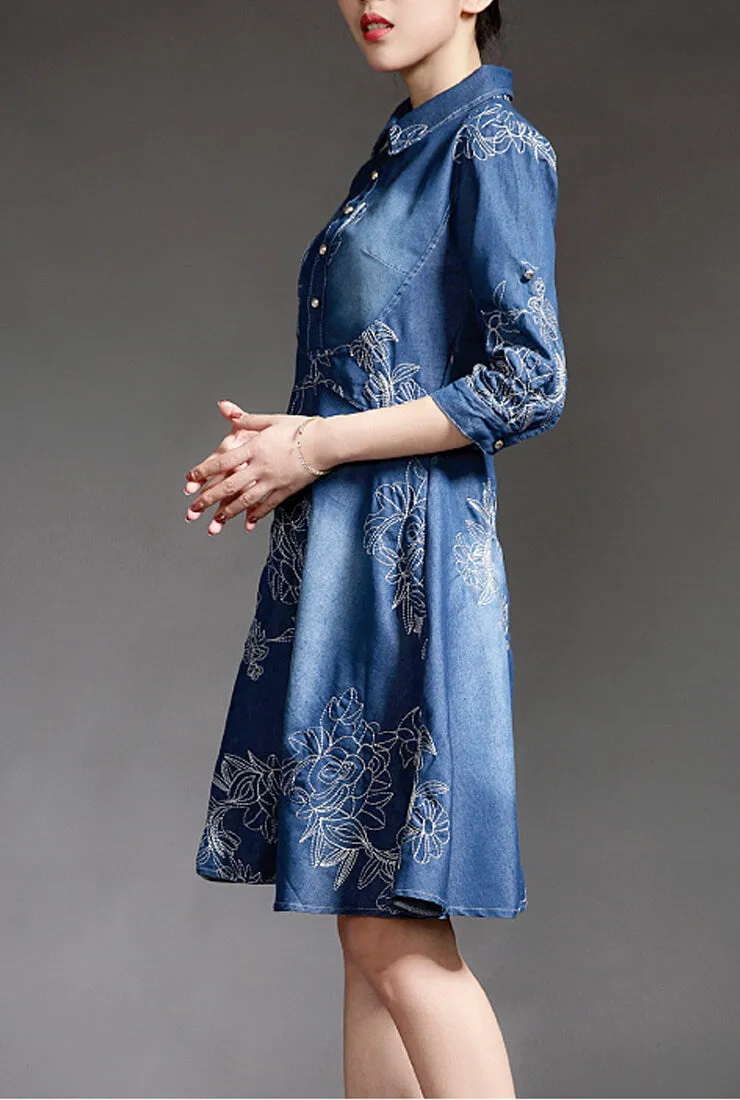 Slim-fit Embroidered Denim Mini Dress (Plus size)
