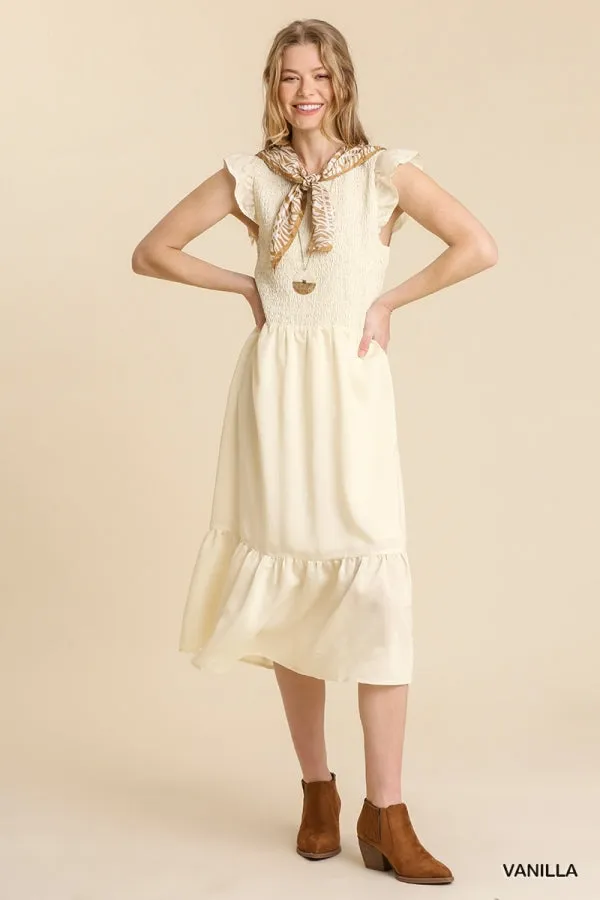 Smocked Voile Round Neck Midi Short Ruffle Sleeves Dress