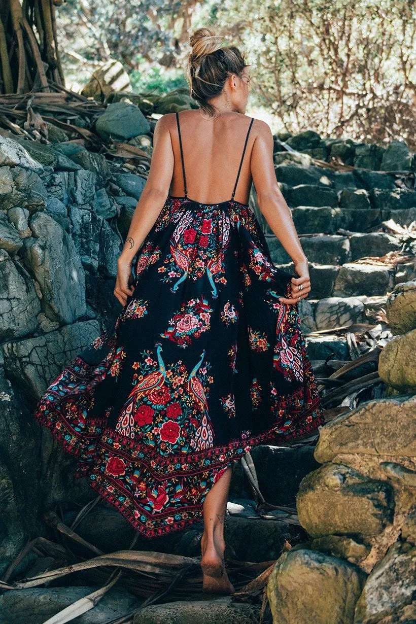 Spaghetti Straps Backless Print Long Beach Dress