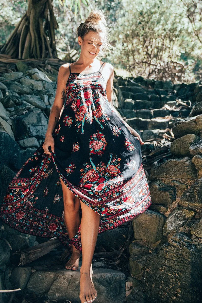 Spaghetti Straps Backless Print Long Beach Dress