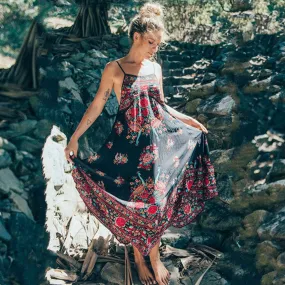 Spaghetti Straps Backless Print Long Beach Dress