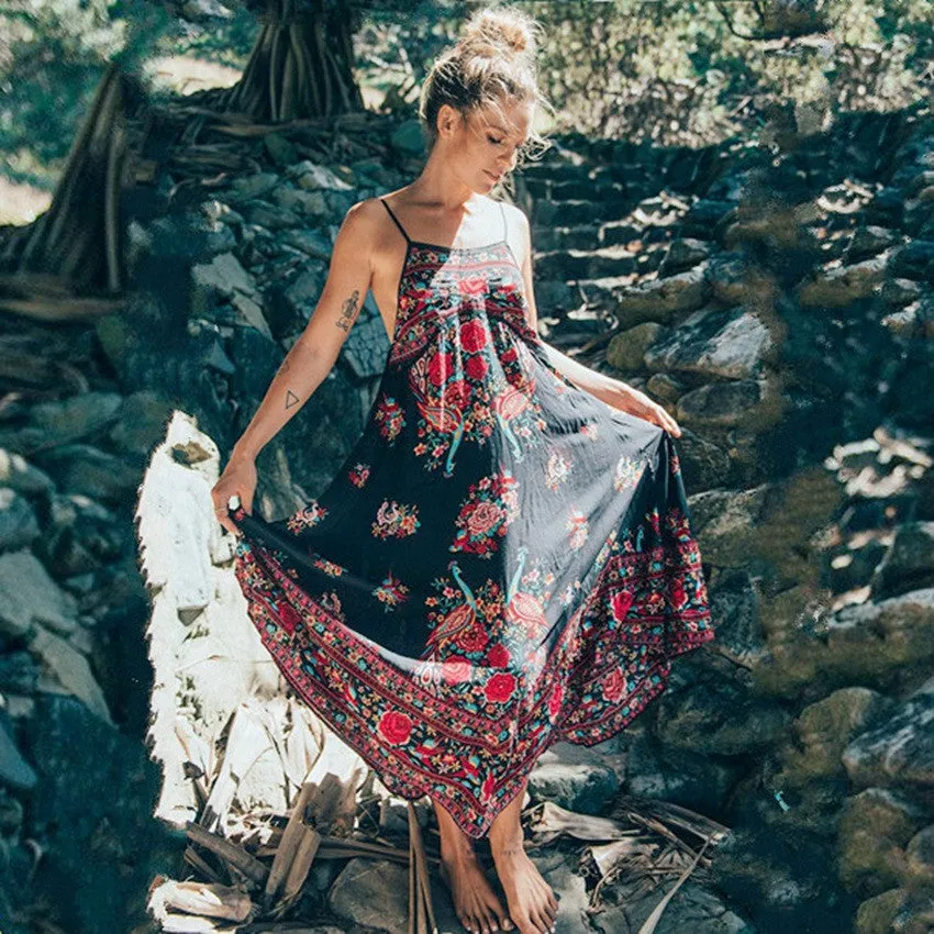 Spaghetti Straps Backless Print Long Beach Dress