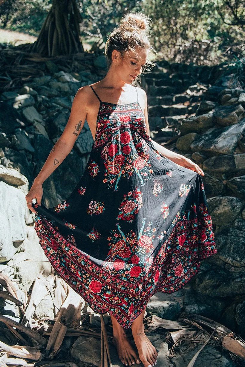 Spaghetti Straps Backless Print Long Beach Dress