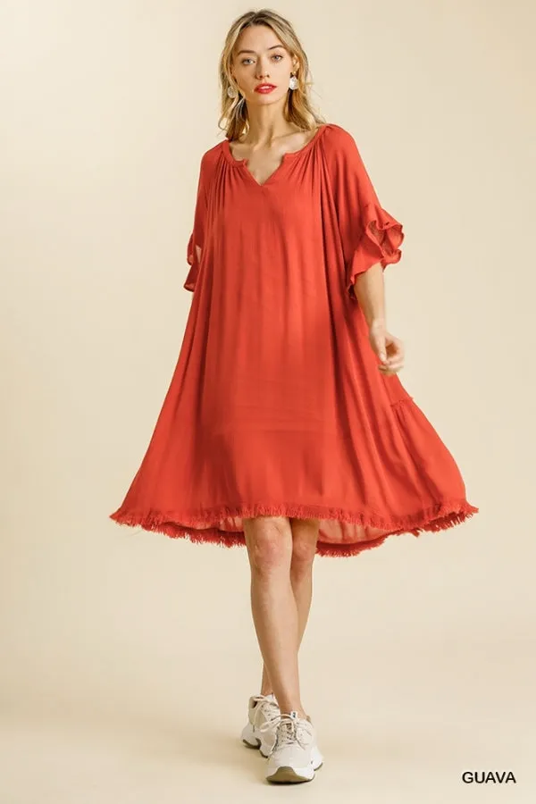 Split Neck Short Ruffle Sleeve Back Tiered Frayed Hem Dress