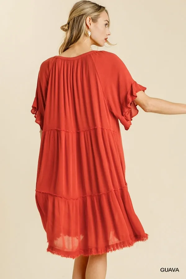 Split Neck Short Ruffle Sleeve Back Tiered Frayed Hem Dress