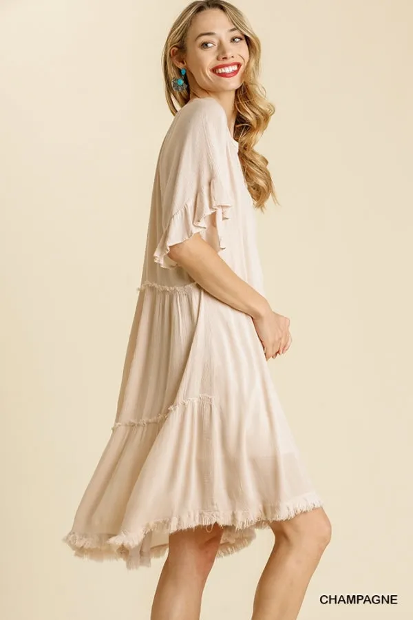 Split Neck Short Ruffle Sleeve Back Tiered Frayed Hem Dress