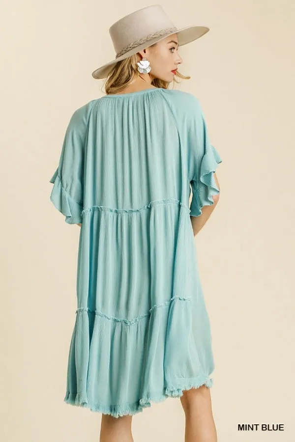 Split Neck Short Ruffle Sleeve Back Tiered Frayed Hem Dress