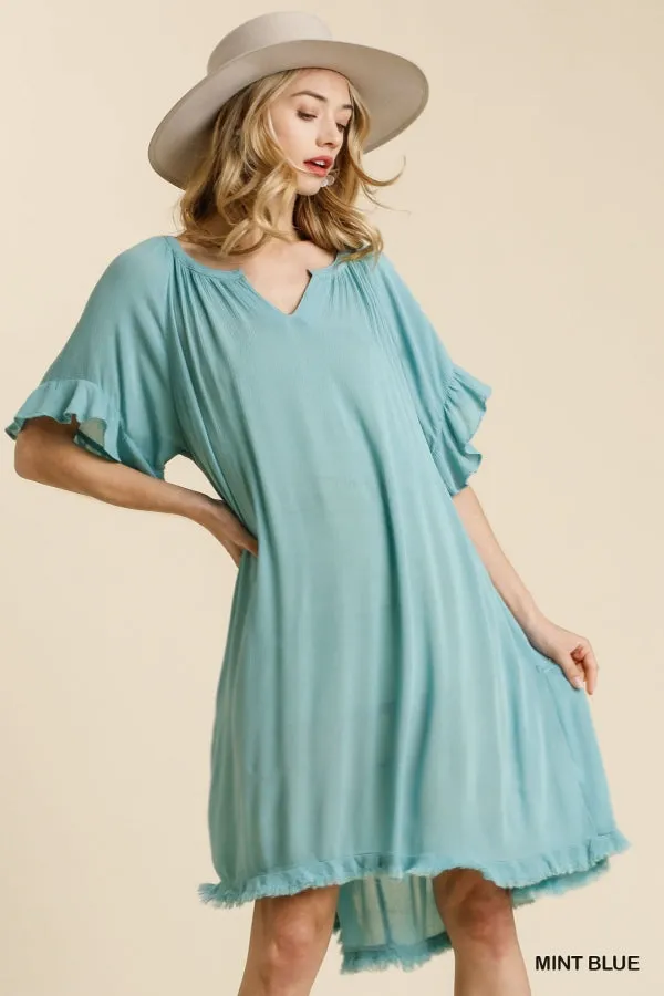 Split Neck Short Ruffle Sleeve Back Tiered Frayed Hem Dress