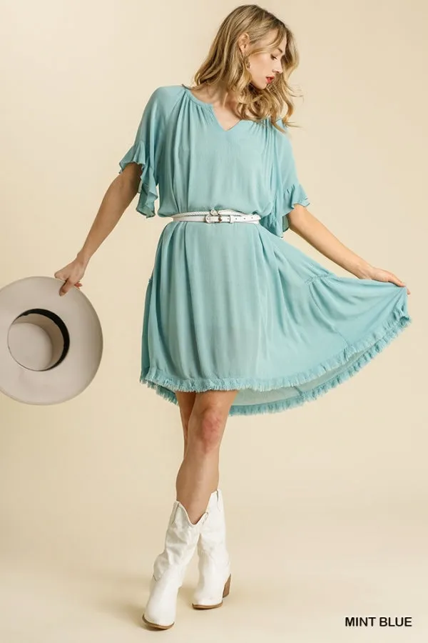 Split Neck Short Ruffle Sleeve Back Tiered Frayed Hem Dress