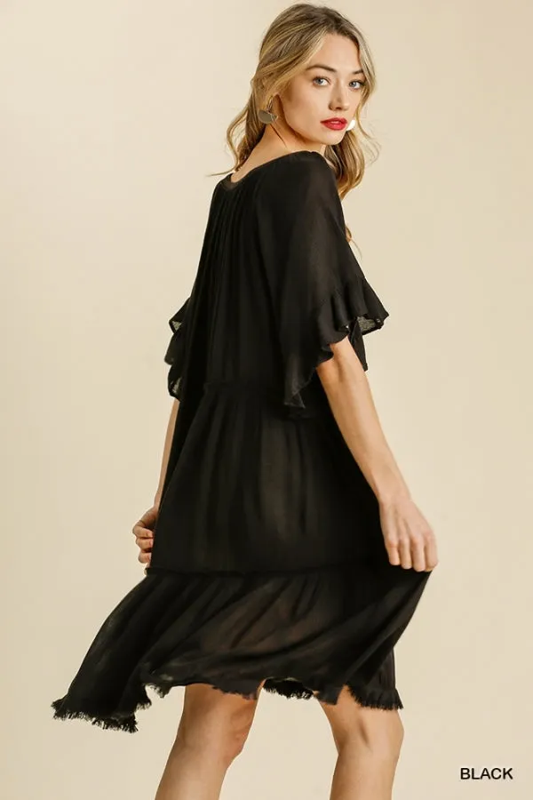 Split Neck Short Ruffle Sleeve Back Tiered Frayed Hem Dress