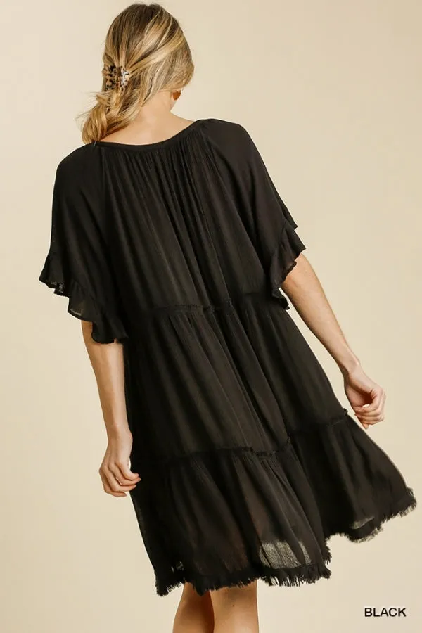 Split Neck Short Ruffle Sleeve Back Tiered Frayed Hem Dress