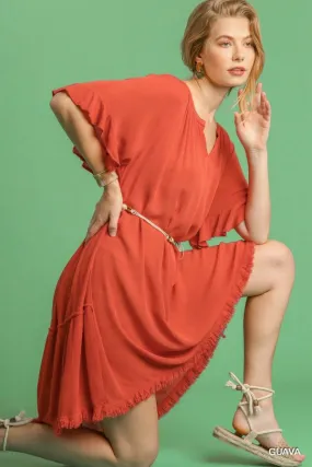 Split Neck Short Ruffle Sleeve Back Tiered Frayed Hem Dress