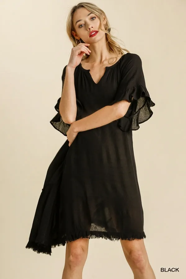Split Neck Short Ruffle Sleeve Back Tiered Frayed Hem Dress