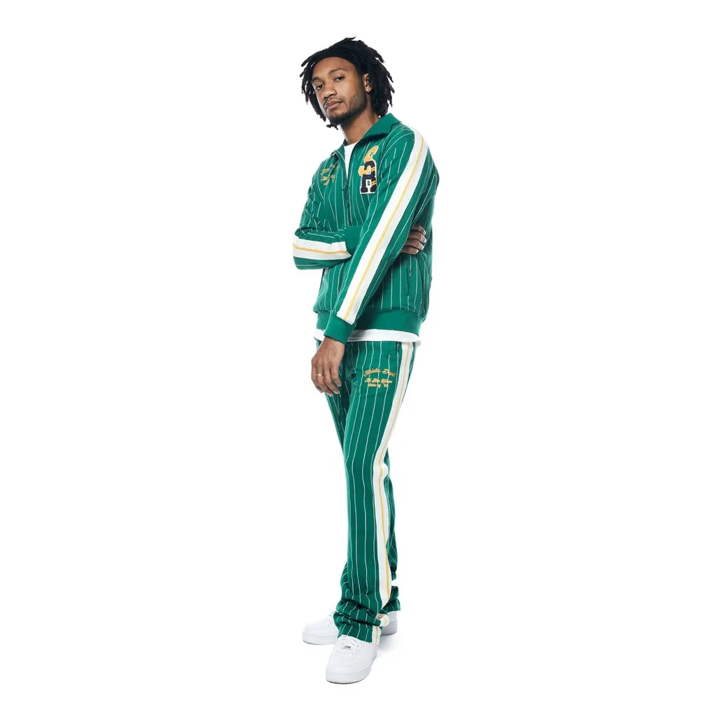 Stacked Pin Striped Varsity Track Pants - Alpine Green