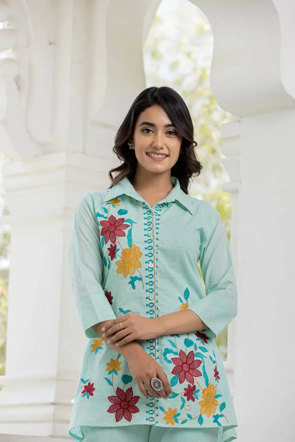 STRIPED EMBROIDERED PURE COTTON TUNIC WITH TROUSER