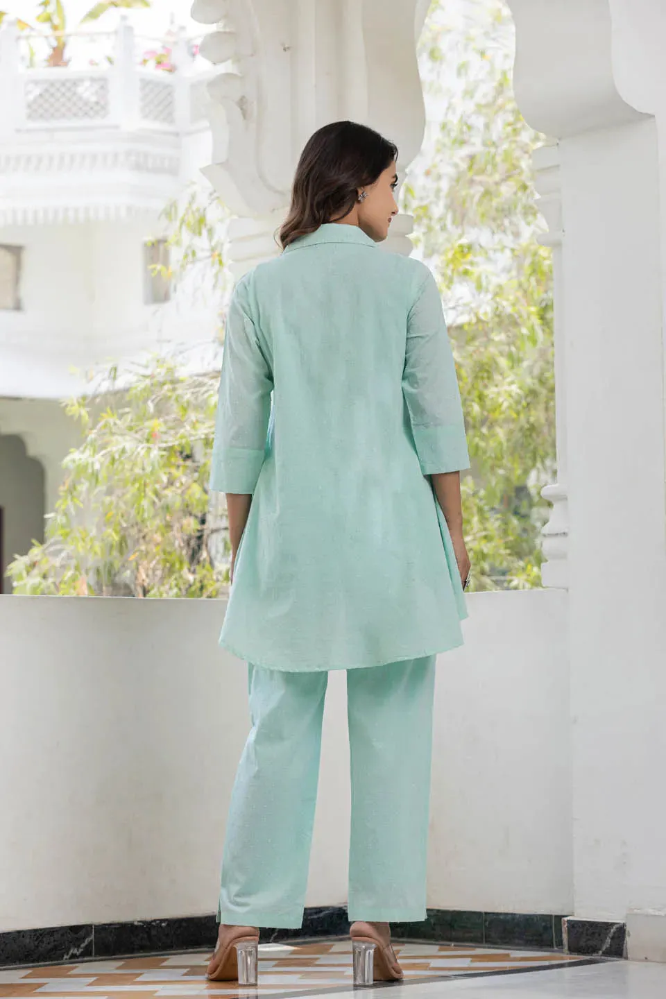 STRIPED EMBROIDERED PURE COTTON TUNIC WITH TROUSER