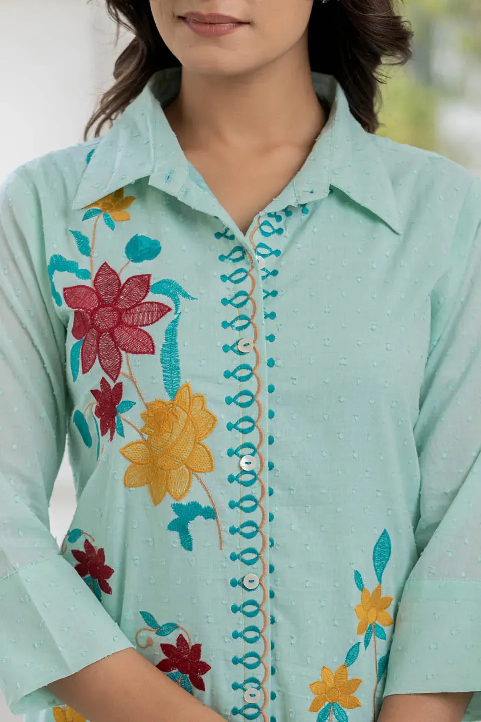 STRIPED EMBROIDERED PURE COTTON TUNIC WITH TROUSER