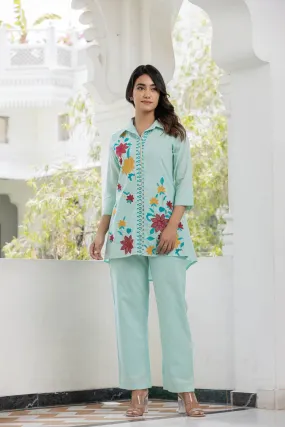 STRIPED EMBROIDERED PURE COTTON TUNIC WITH TROUSER