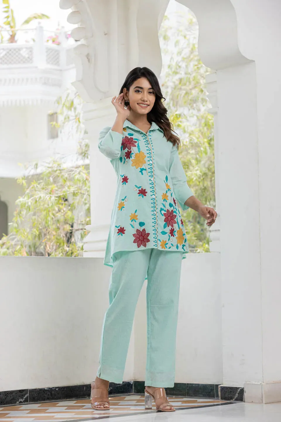 STRIPED EMBROIDERED PURE COTTON TUNIC WITH TROUSER