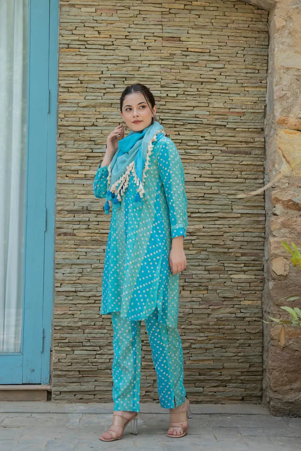 TURQUOISE BLUE PRINTED TUNIC WITH SOLID TROUSERS CO-ORD SET