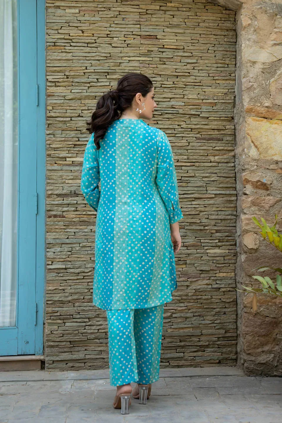 TURQUOISE BLUE PRINTED TUNIC WITH SOLID TROUSERS CO-ORD SET