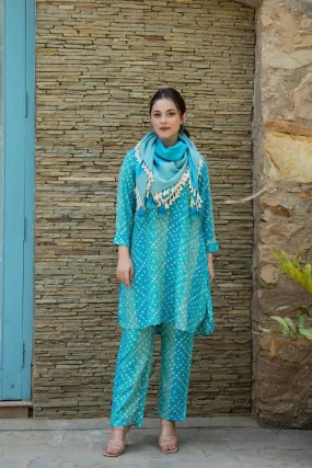 TURQUOISE BLUE PRINTED TUNIC WITH SOLID TROUSERS CO-ORD SET
