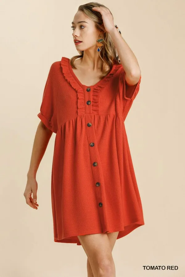 V-Neck Buttoned Short Sleeve Waffle Knit Babydoll Dress