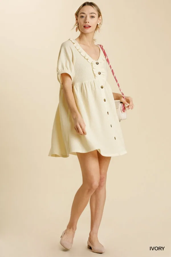 V-Neck Buttoned Short Sleeve Waffle Knit Babydoll Dress