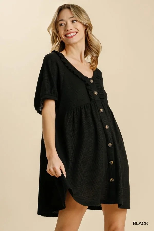 V-Neck Buttoned Short Sleeve Waffle Knit Babydoll Dress