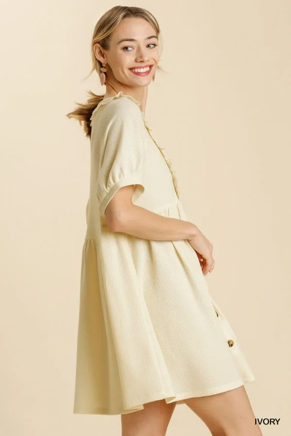 V-Neck Buttoned Short Sleeve Waffle Knit Babydoll Dress
