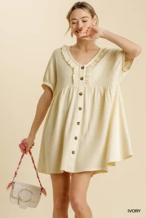 V-Neck Buttoned Short Sleeve Waffle Knit Babydoll Dress