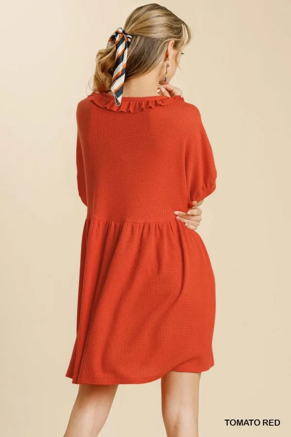 V-Neck Buttoned Short Sleeve Waffle Knit Babydoll Dress