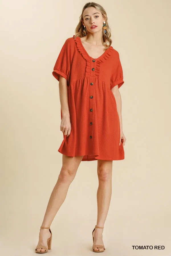 V-Neck Buttoned Short Sleeve Waffle Knit Babydoll Dress